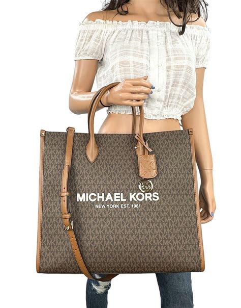 michael kors bag mk pattern brown canvas inside|Michael Kors mirella tote bag.